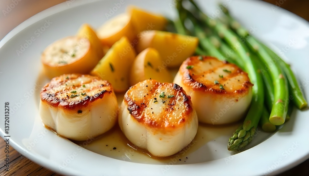 A high-angle, close-up shot captures a plate of seared scallops, roasted potatoes, and asparagus A high-angle, close-up shot captures a plate of seared scallops, roasted potatoes, and asparagus