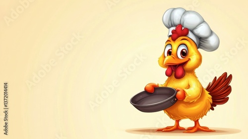 Cartoon Chicken Chef Holding Cooking Pan in Kitchen Setting