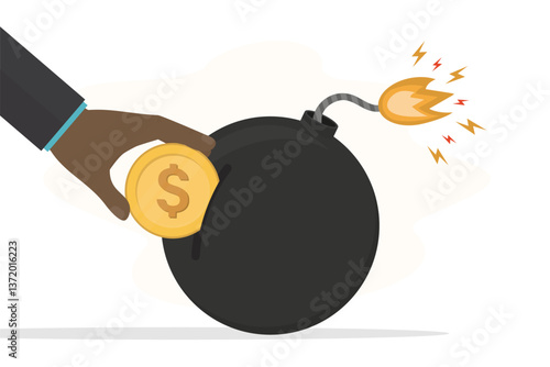 Investor or businessman hand insert dollar coin in giant bomb with burning fuse. Risk and money management. Financial and economic crisis concept.