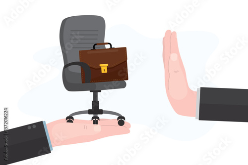 Human hand making stop gesture suspending business deal and refusing to briefcase and office chair. Job refuse, businessman does not want to sign contract