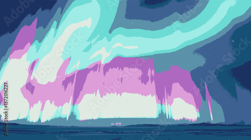 Glowing aurora borealis background with northern lights effect and cosmic landscape.
