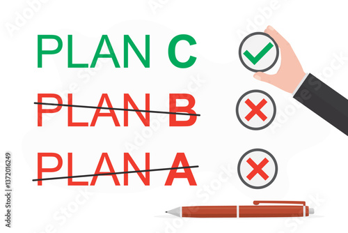 Businessman hand checking list, plan C. Leader present Plan C. Alternative solution or business strategy plan to have secondary for emergency case, fallback option.