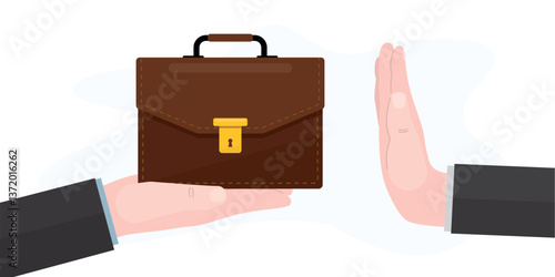 Human hand making stop gesture suspending business deal and refusing to briefcase. Job refuse, businessman does not want to sign contract from employer who makes job offer