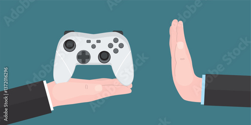 Seller give wireless gamepad. hand making stop gesture suspending online gaming and refusing to joystick. Stop cyber sport, customer or player not want playing video game.