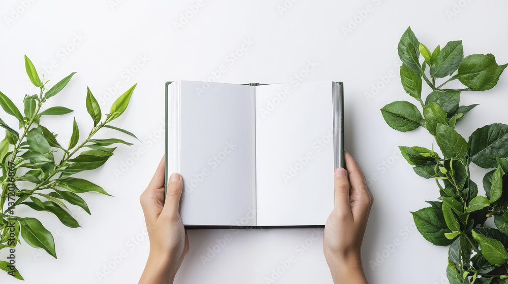 person holding open book surrounded by green leaves, symbolizing growth and inspiration person holding open book surrounded by green leaves, symbolizing growth and inspiration