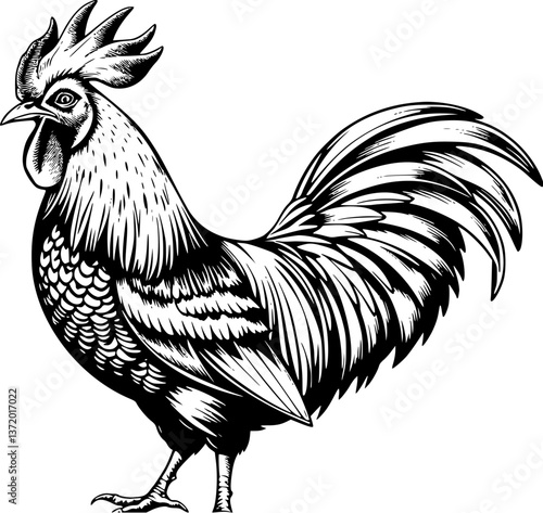 Engraved rooster illustration. Detailed monochrome vector of a farmyard bird in vintage style.