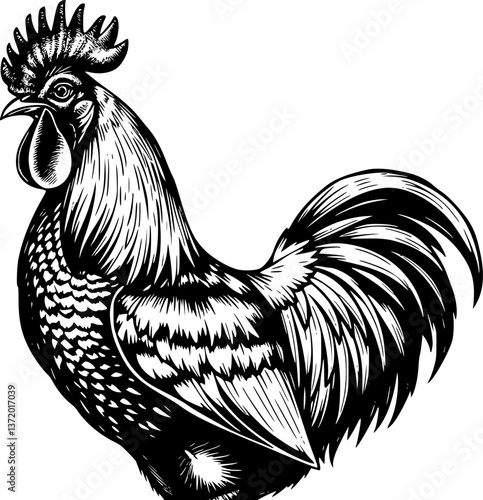 Engraved rooster illustration. Detailed monochrome vector of a farmyard bird in vintage style.