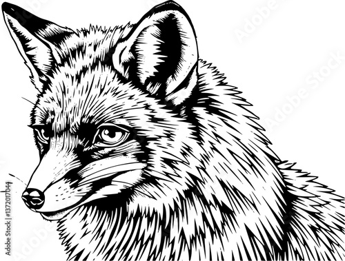 Fox in engraving style. Detailed monochrome vector of a cunning wild animal in vintage style.
