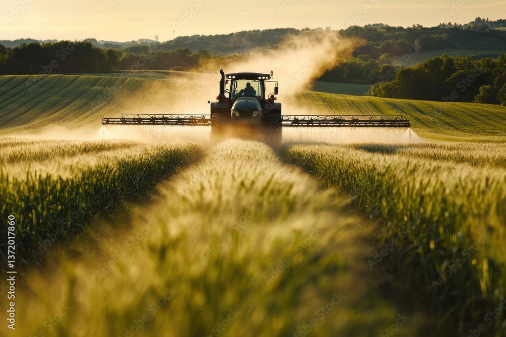 Fototapeta premium A tractor sprays crops in a golden wheat field at sunset. It shows agriculture, farming, and food production concepts.