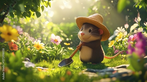 Cute cartoon mouse gardener in a vibrant flower garden scene