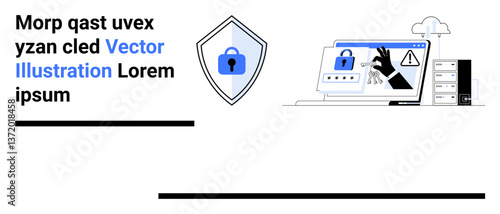 Shield with lock symbol, laptop with warning signs, and server representing online safety, threat detection, and data security. Ideal for cybersecurity, tech, privacy, hacking defense data