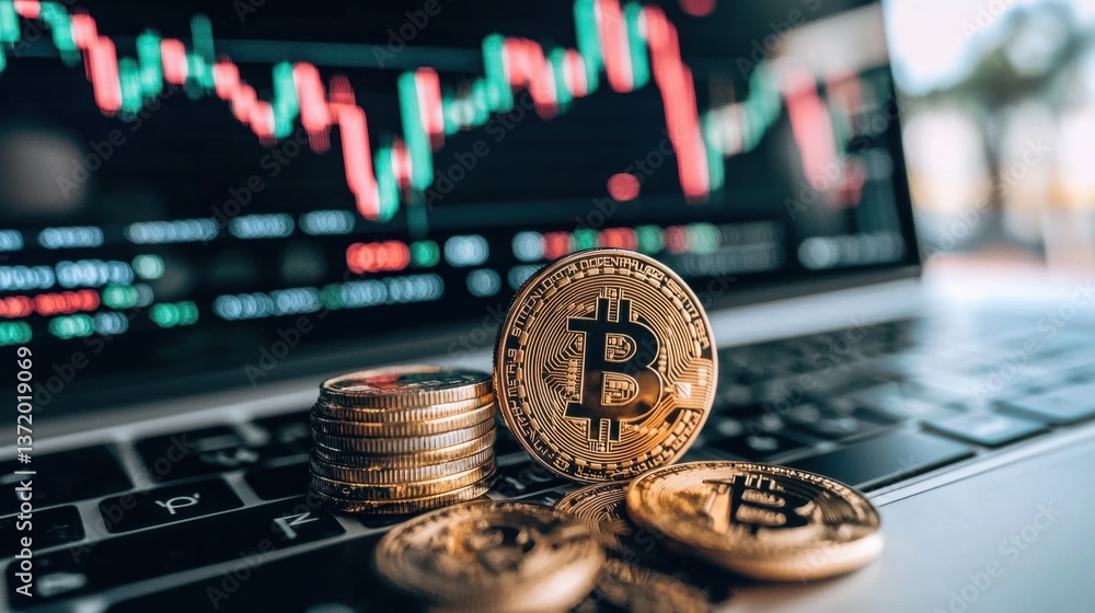 Bitcoin Cryptocurrency and Stock Market Analysis on Laptop Display Bitcoin Cryptocurrency and Stock Market Analysis on Laptop Display