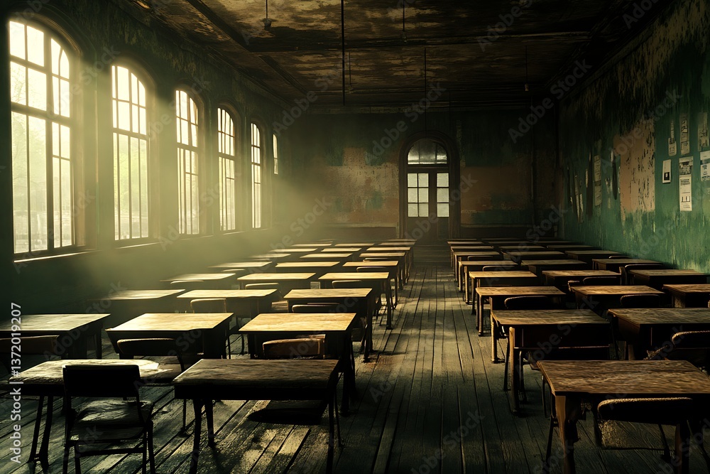 Empty classroom, aged interior, light beams, wooden desks, school hallway, natural light, background Empty classroom, aged interior, light beams, wooden desks, school hallway, natural light, background