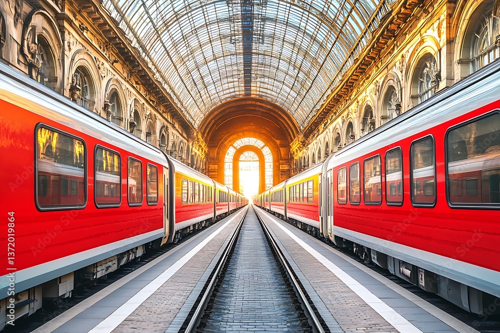 Obraz premium Red trains in a railway station with sunlight. Transportation, traveling. Station interior