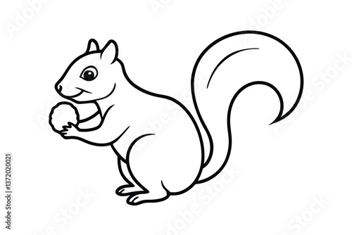 Adorable Cartoon Squirrel Holding Nut, Line Art, Coloring Page