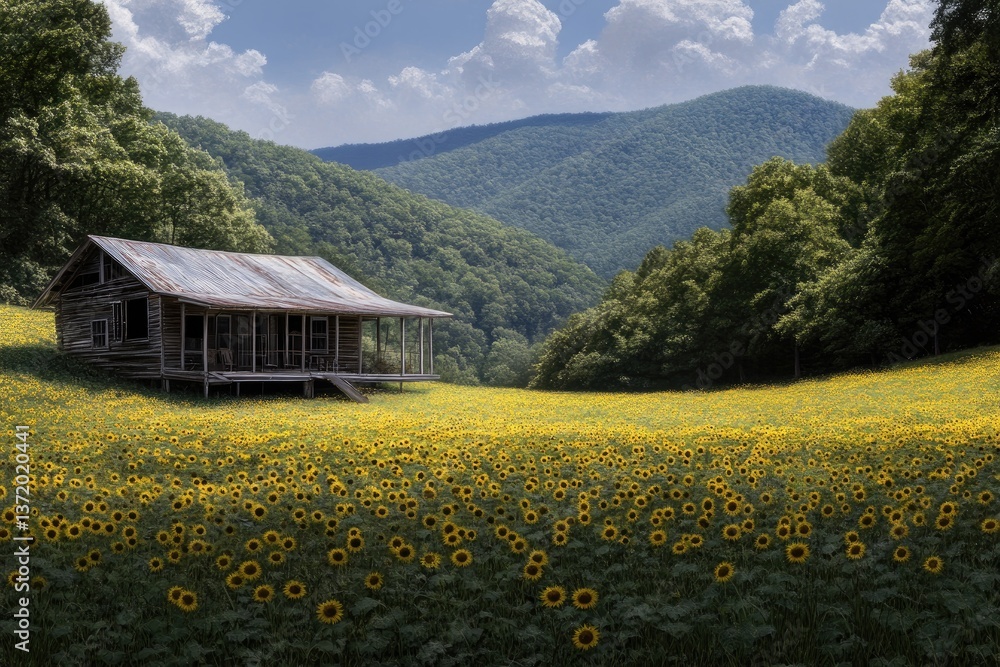 Fototapeta premium Cabin nestled in a sunflower field, mountains in the background