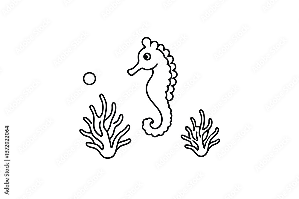 Fototapeta premium Cute Seahorse Ocean Life Coral Reef Bubble Illustration