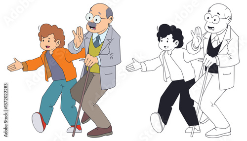 Boy helps an elderly man cross street.