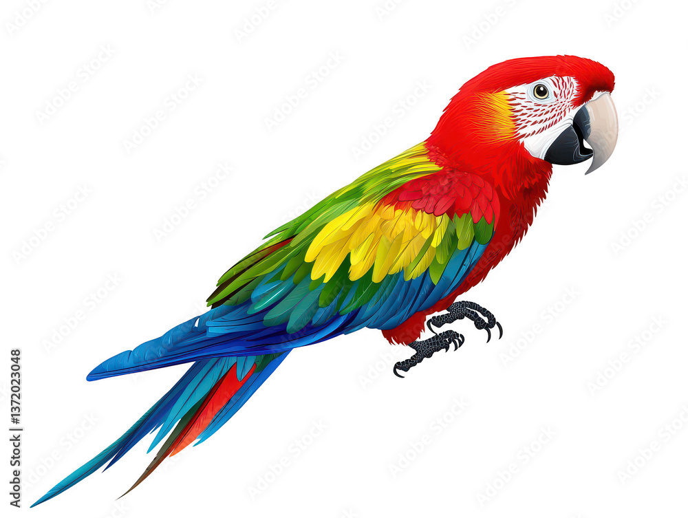 Obraz premium A vibrant and colorful parrot with striking red, green, yellow, and blue feathers, perched gracefully. Its expressive eyes and detailed plumage showcase beauty of tropical birds, evoking sense