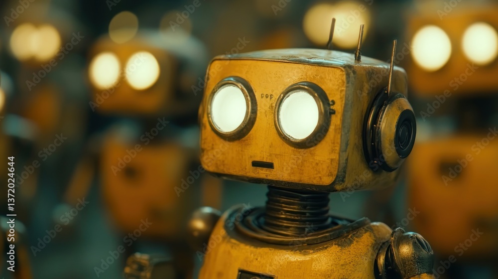 Fototapeta premium Close-up of a vintage, yellow robot, with glowing eyes, among a group of similar robots, in a dark setting.