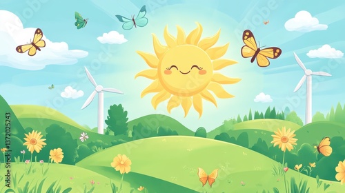 Bright Sunny Day with Butterflies and Wind Turbines in Landscape