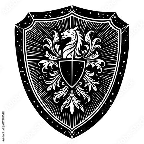 Black and White Heraldic Shield with Horse Head and Floral Design.