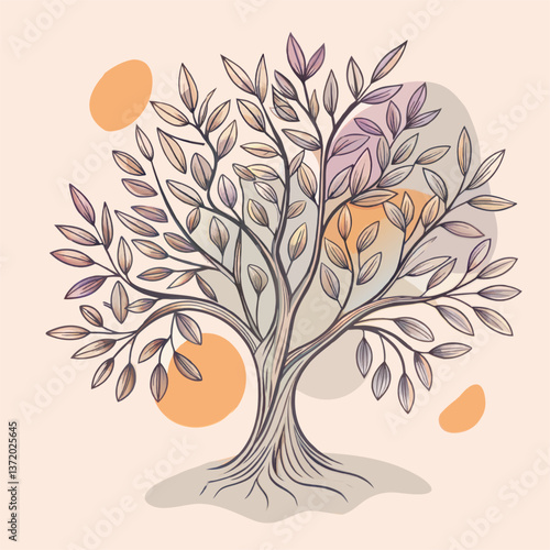 Elegant tree illustration with intricate branches and foliage.