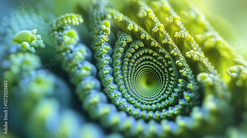 Close up of a fractal pattern with green and blue hues forming a mesmerizing spiral design element
