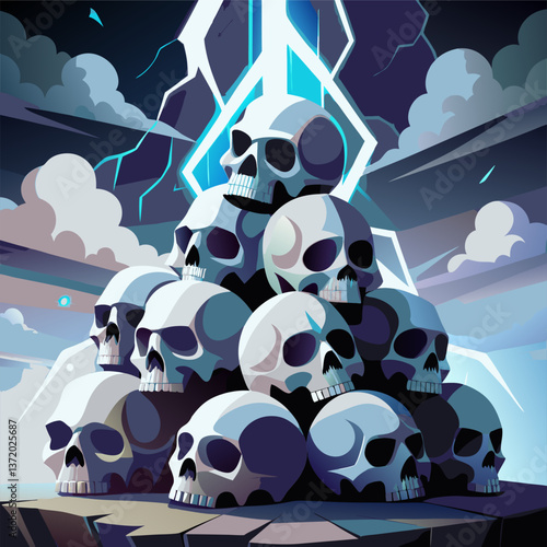 Dark Fantasy Scene with Pile of Skulls and Mysterious Crystal.