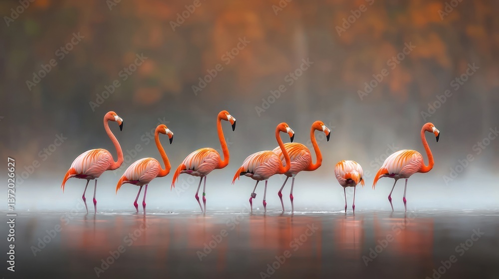 Naklejka premium Flamingos in a misty autumnal landscape