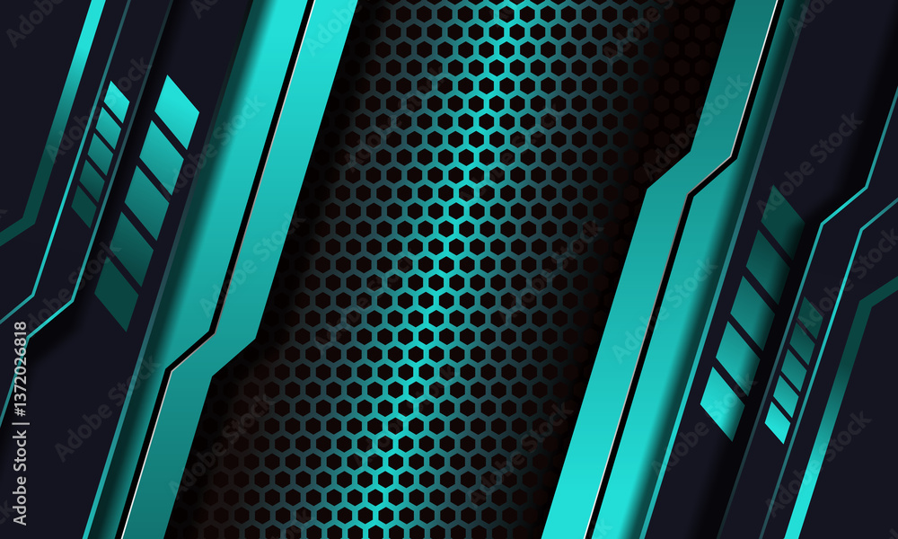 Obraz premium A high-tech background with a glowing hexagonal grid, metallic neon blue panels, and angular sci-fi elements, evoking a cyberpunk, digital, and advanced technology aesthetic.