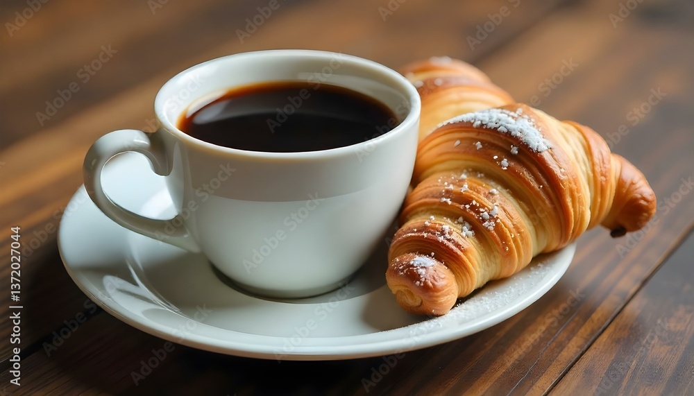 A close-up shot features a white ceramic cup filled with dark coffee, positioned next to a golden-brown croissant dusted with powdered sugar A close-up shot features a white ceramic cup filled with dark coffee, positioned next to a golden-brown croissant dusted with powdered sugar