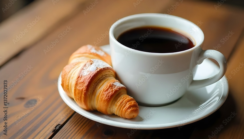 A close-up shot features a white ceramic cup filled with dark coffee, positioned next to a golden-brown croissant dusted with powdered sugar A close-up shot features a white ceramic cup filled with dark coffee, positioned next to a golden-brown croissant dusted with powdered sugar