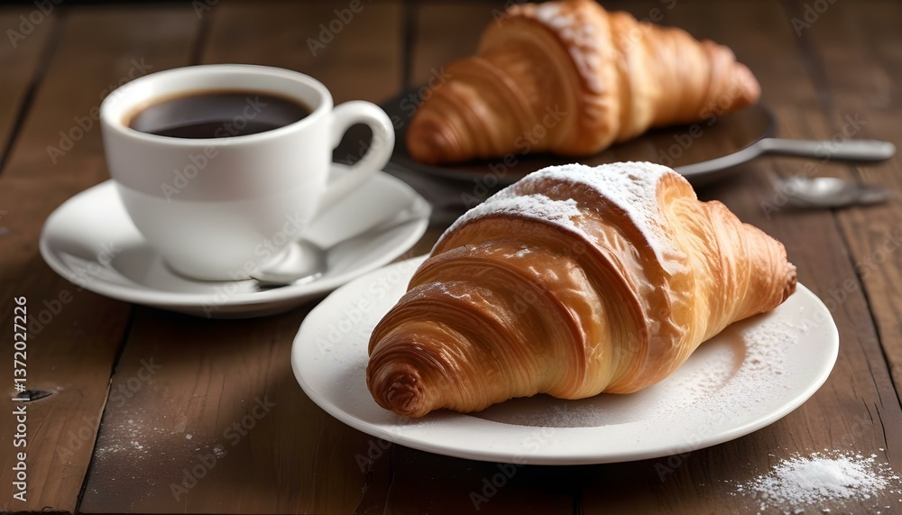 A close-up shot features a white ceramic cup filled with dark coffee, positioned next to a golden-brown croissant dusted with powdered sugar A close-up shot features a white ceramic cup filled with dark coffee, positioned next to a golden-brown croissant dusted with powdered sugar
