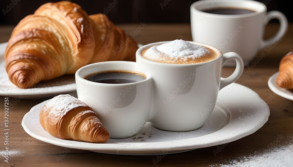 A close-up shot features a white ceramic cup filled with dark coffee, positioned next to a golden-brown croissant dusted with powdered sugar A close-up shot features a white ceramic cup filled with dark coffee, positioned next to a golden-brown croissant dusted with powdered sugar