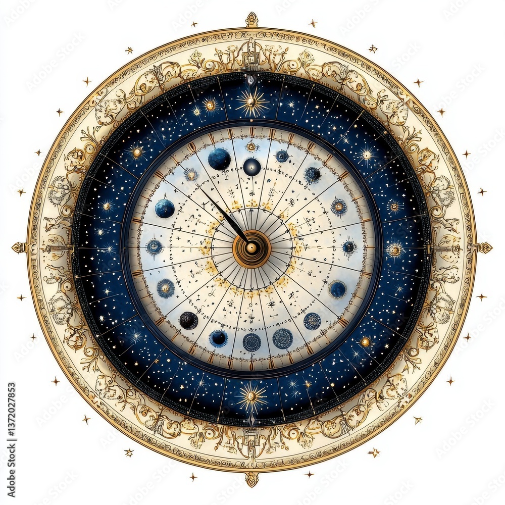 Fototapeta premium Celestial Clock Ornate Navy Blue and Gold Celestial Design