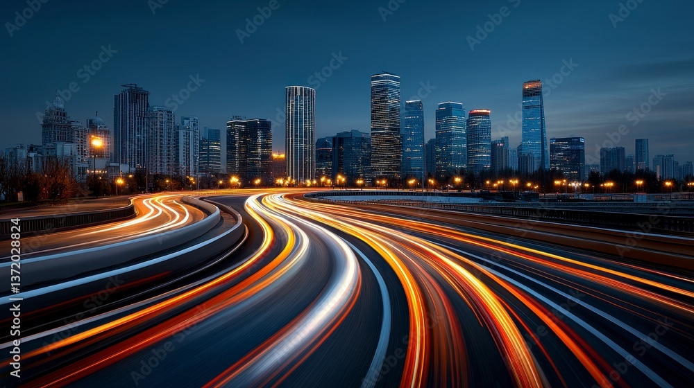 Night City Highway with Light Trails and Illuminated Skyscrapers Night City Highway with Light Trails and Illuminated Skyscrapers