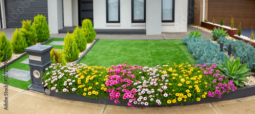Fototapeta Naklejka Na Ścianę i Meble -  Modern front yard features neatly maintained artificial turf or synthetic grass, bordered by flower beds. A low-maintenance landscape with a small garden and a well-organized entrance to a house.