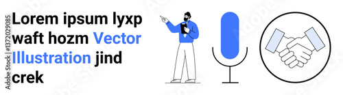 Person presenting with clipboard, large microphone icon, and handshake graphic. Ideal for business, collaboration, podcasting, public speaking, networking, leadership and simple landing page