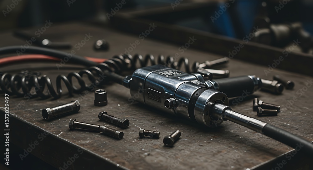 Naklejka premium Inspecting Chrome Automotive Connector Alongside Loose Bolts on Metal Surface