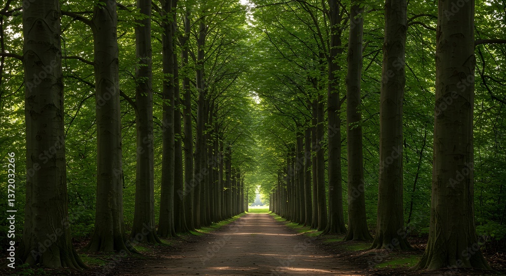 Obraz premium Serene path through a forest with tall trees and green canopy