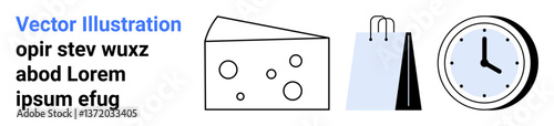 Cheese wedge, two shopping bags, and a clock. Ideal for retail, food industry, time management, shopping habits, consumerism, marketing strategy simple landing page