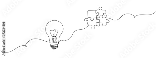 Continuous one line Business illustration Concept Planning Idea light bulb and jigsaw puzzle with transparent background editable stroke.