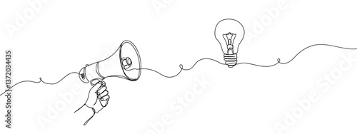 Continuous one line Business illustration Concept Planning Megaphone and idea light bulb with transparent background editable stroke.