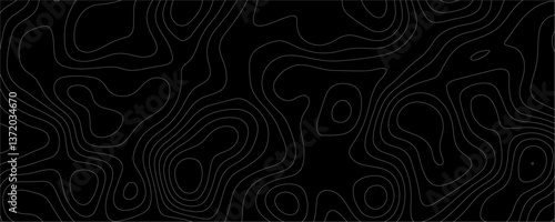 Black Topology and Topography Vector Layered Paper Cutout Abstract Background. Smooth Wavy curve lines banner design vector map seamless pattern. Thin curved wavy lines topology on a black background.