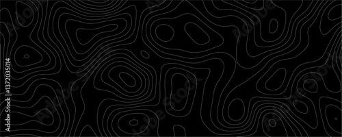 Black Topology and Topography Vector Layered Paper Cutout Abstract Background. Smooth Wavy curve lines banner design vector map seamless pattern. Thin curved wavy lines topology on a black background.