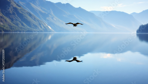 Soaring bird reflected over pristine mountain lake, breathtaking wilderness moment perfect for nature desktop wallpapers and documentary website headers