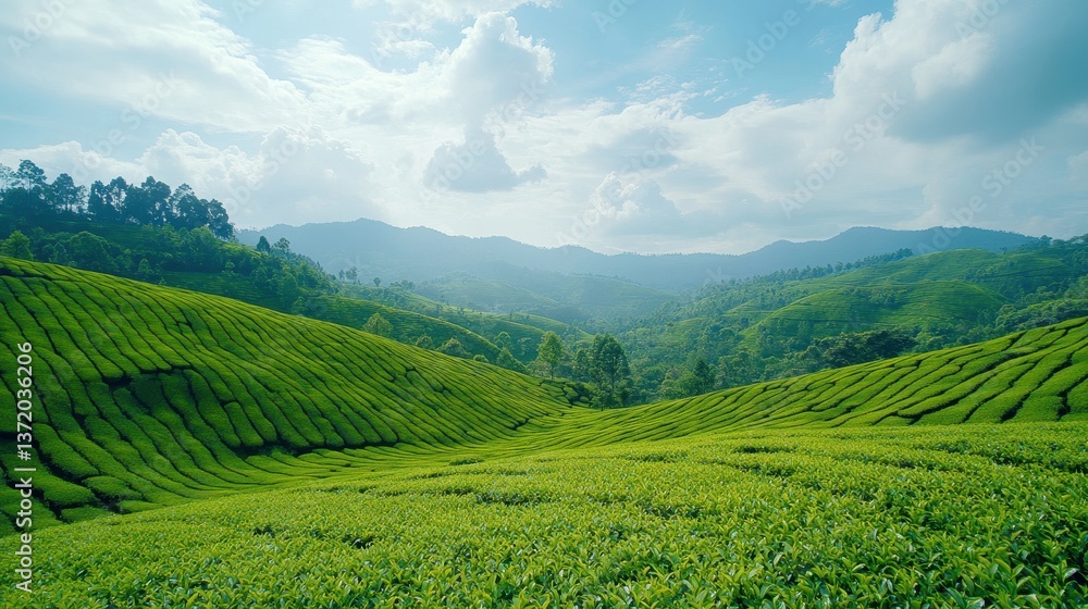 Obraz premium Vibrant green tea plantation hills under a bright, cloudy sky landscape. Use for travel, agriculture, or promoting environmental sustainability.