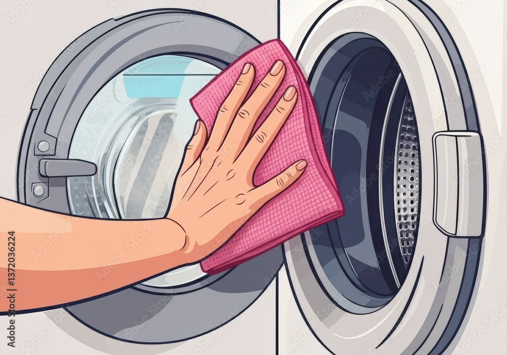 Hand cleaning the washing machine door with a pink cloth for maintenance Hand cleaning the washing machine door with a pink cloth for maintenance