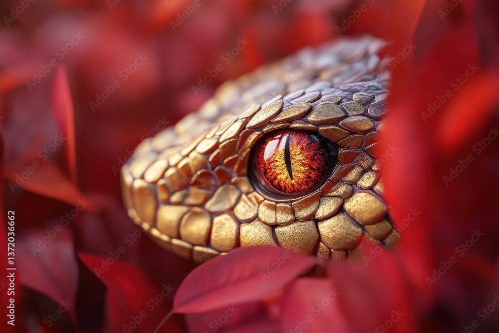 Fototapeta premium Snake eye in red leaves